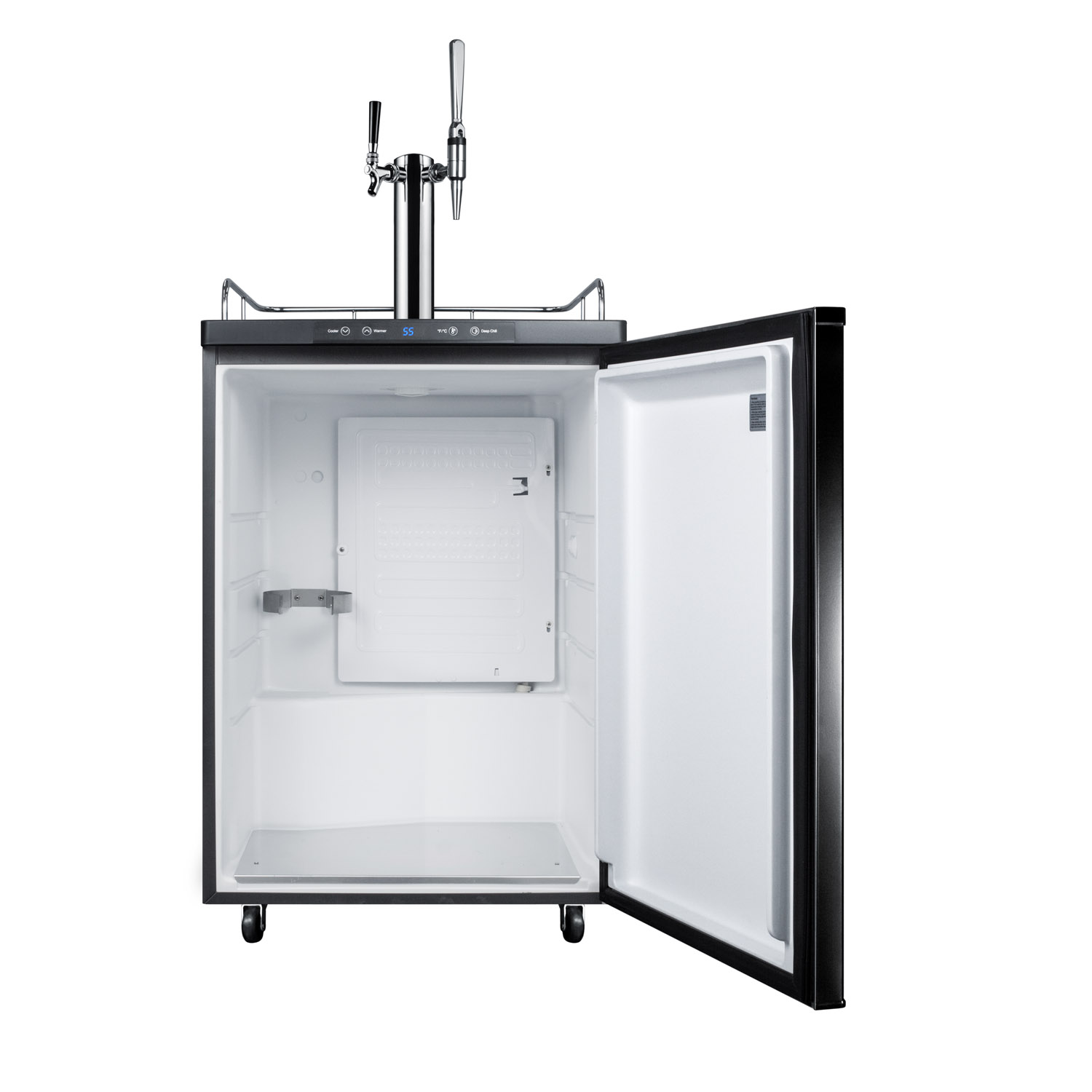 Dual tap coffee dispenser in black, with a combination nitro/flat coffee tap kit in stainless steel
